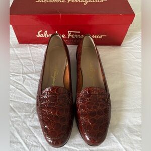 Salvatore Ferragamo Croc-Embossed Brown Loafers